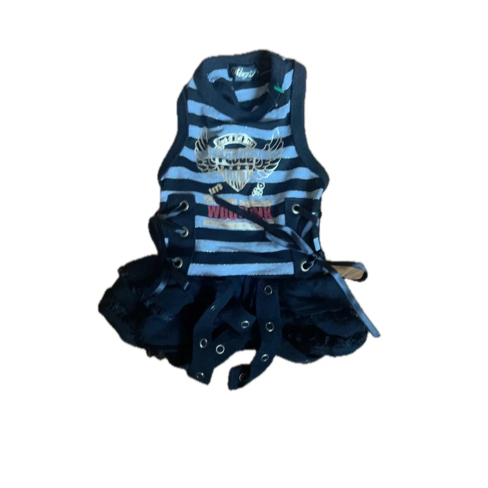 Wooflink Dog Dress Blue Black Striped Good Lace-up Side Detail
